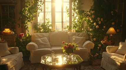 Sticker - Sunlit cozy floral living room.