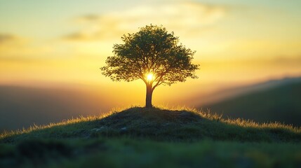 Poster - Lonely Tree Silhouetted by Glowing Sunset Rays on Calm Hilltop Horizon : Generative AI