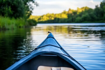 Aufkleber - Serene Canoe Ride on Calm River Amidst Lush Green Forest Landscape : Generative AI
