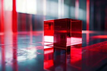 Poster - transparent red cube sits on a reflective surface in a modern, abstract environment with red highlig