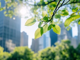 Poster - Fresh Green Foliage Against Urban City Skyline in Bright Sunlight : Generative AI