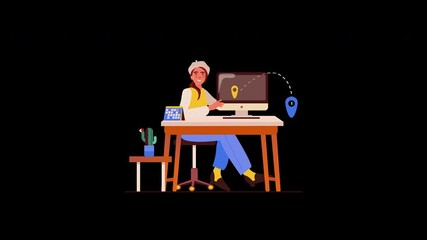 Poster - a young middle eastern woman working at a computer with location markers in a modern workspace.