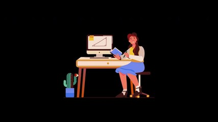 Poster - A young woman studying at a desk with a computer and a cactus, representing European student life.