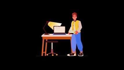 Poster - A young European man studying at a desk with a laptop and books.