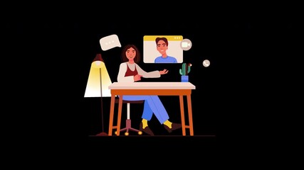 Poster - A woman of European descent participates in a virtual meeting, sitting at a desk with a cactus and a lamp.