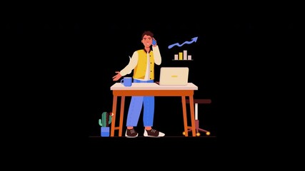 Poster - a young man of european descent talking on the phone at a modern desk with a laptop, cactus, and gro
