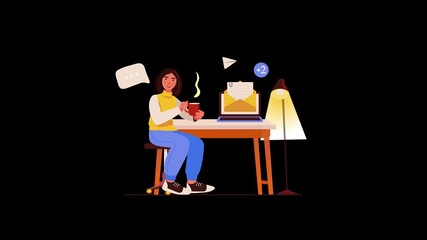 Poster - A young woman of diverse ethnicity enjoys a warm drink while checking her laptop, representing a cozy working environment.