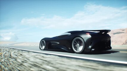 Wall Mural - futuristic black electric sport car very fast driving on desert highway. futuristic concept. realist