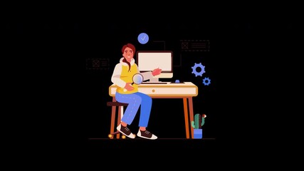 Poster - A detailed illustration of a European woman working at a desk with a computer, smiling and holding a magnifying glass.