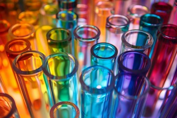Poster - Close up of colorful test tubes creating a vibrant and dynamic backdrop for scientific concepts