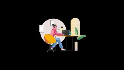 Poster - A young European woman working on her laptop in a stylish home office environment.