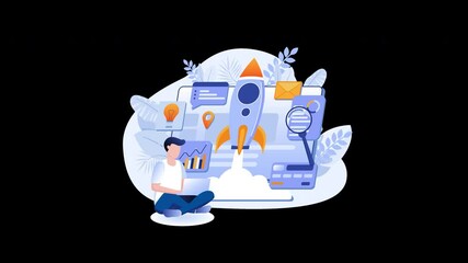 Poster - a young man sits cross-legged, working on a laptop with a rocket launch illustration in the backgrou