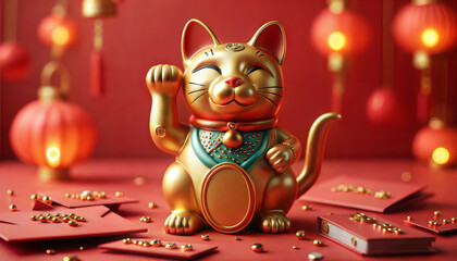 Lucky cat figurine waving against festive red background, Fortune Cat, copy space, mockup