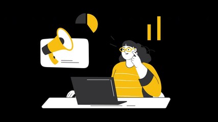 Poster - A thoughtful person of unspecified ethnicity sitting at a desk, contemplating with a laptop and a megaphone illustration.