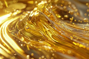 Poster - Golden fluid creating abstract shapes and waves with bubbles, ideal for backgrounds related to cosmetics, luxury, or beverages