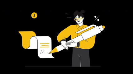 Poster - A European woman wearing glasses is signing a document with a large pen in a flat design style.