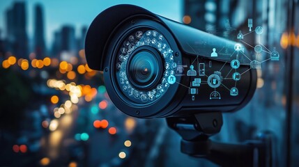 Poster - Modern security camera monitors urban environment. Network connections show data flow, activity recording. Cyber surveillance system presented. City lights blurred in background. Smart tech captures