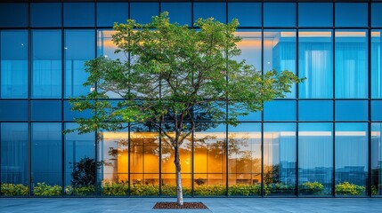 Poster - Tree fronting glass building.