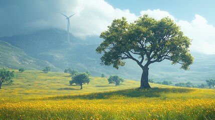 Wall Mural - Tree, windmill, field, scenic.