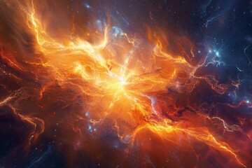 Poster - Bright nebula exploding with orange and blue energy in deep space