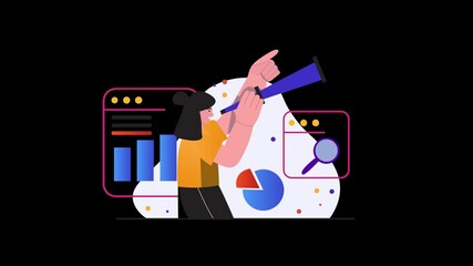 Poster - A person with dark hair using a telescope to analyze data visuals in an abstract setting.