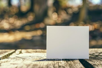 Poster - White blank vertical greeting card standing on rustic wooden table in a forest with bokeh background