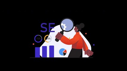 Poster - A woman analyzing data with a magnifying glass, depicting a focus on SEO in a colorful 2D style.