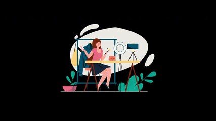 Poster - A European woman working at a desk with plants and a camera setup in a modern workspace.