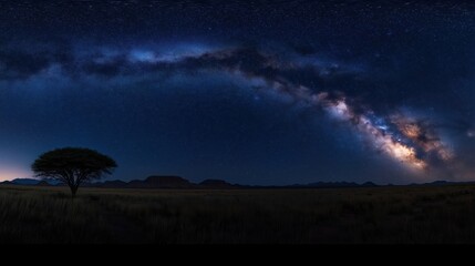 Vast dark desert landscape stretches beneath spectacular Milky Way galaxy. Night sky filled with stars. Silhouette of lone tree stands in middle of plain. Scenic, beautiful. Peaceful night scene.