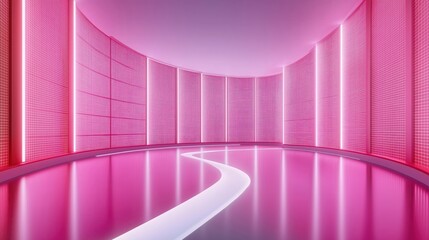 Leinwandbilder - Empty modern pink studio. Virtual set for TV news live events. 3D rendering backdrop suitable for VR tracking system. Elegant, shiny design. Suitable for broadcast live shows. Pathway leads through