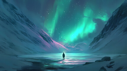 Poster - Spectacular view of northern lights from snowy lakeside generative ai image. Lakeshadow. Illustration