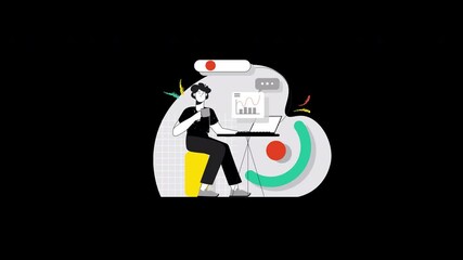 Poster - a young asian professional analyzing data on a laptop with vibrant graphics in a modern workspace.