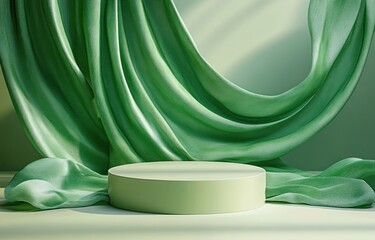 Poster - 3D display podium green background round pedestal flying silk cloth curtain luxury cosmetic product presentation