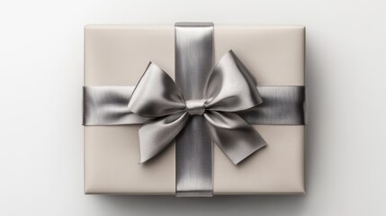 Wall Mural - Elegant gift box with silver bow on neutral background