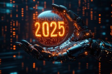 robotic hand holds glowing 2025 sphere. digital binary codes surround sphere. futuristic tech concep