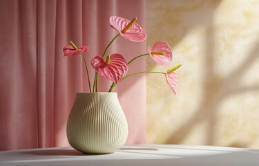Poster - Minimalist 3D Display Podium with Curved Ceramic Vase and Pink Anthurium Flowers on Beige Background and Curtain