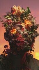 Wall Mural - Floral Face: A Surreal Portrait at Sunset