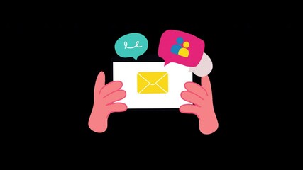 Poster - A cartoon illustration showing hands holding an envelope with chat icons, depicting digital communication.
