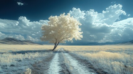 Wall Mural - Solitary tree on a dirt road in a vast field under a dramatic sky.