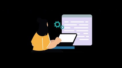 Poster - A woman of unspecified ethnicity working on a laptop with coding displayed on the screen, representing technology and innovation.