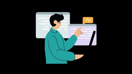 Aufkleber - A young man with dark hair working on programming with a laptop in a modern digital environment.