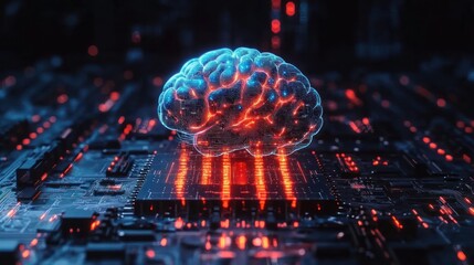 Aufkleber - 3D Brain Circuit on Microchip Glowing in Blue and Red for AI and Big Data Processing