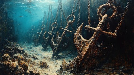 Wall Mural - Sunlit underwater scene with numerous rusty anchors hanging from chains on a rocky seabed.