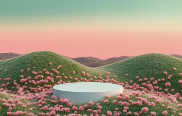 Poster - Minimalistic Landscape Podium Background with Green Hills and Pink Flowers for Product Presentation