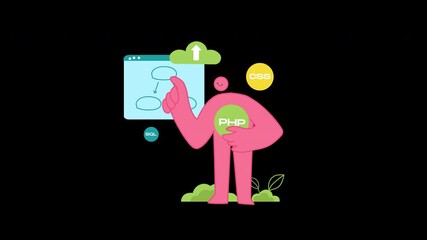 Aufkleber - A colorful cartoon character presenting web development concepts, highlighting PHP, CSS, and SQL.