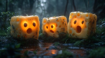 Wall Mural - Three glowing cheese cubes with scared faces in a dark forest.