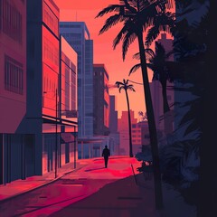 Wall Mural - Sunset Cityscape: A solitary figure walks a vibrant urban street at dusk.