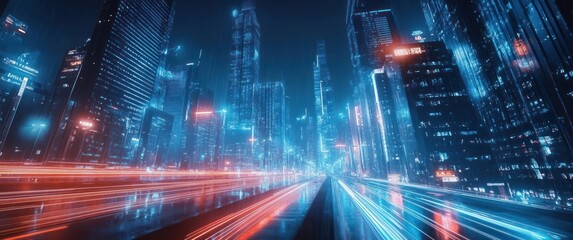 Poster - Futuristic Cyberpunk City Nightscape with Skyscrapers and Neon Lights Dynamic Motion Blur