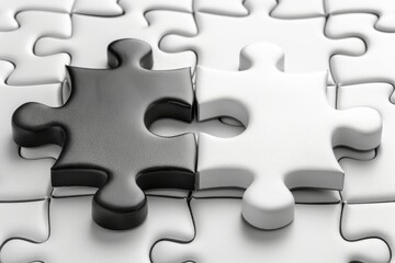 Poster - two puzzle pieces, one black and one white, interlock perfectly on a light-colored surface. this sym