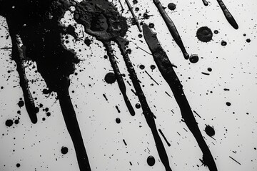 Poster - Bold black splatters cover a clean white surface, creating striking abstract designs. The paint drips and dots add dynamic movement, showcasing a modern art aesthetic in a creative workspace.
